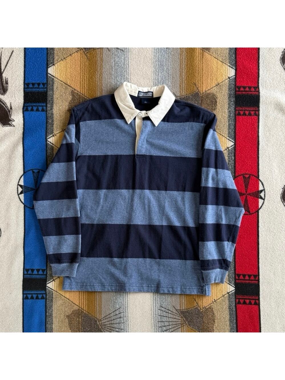 Vintage Men’s Lands’ End Rugby Long Sleeve Polo Shirt Size Large Striped Blue